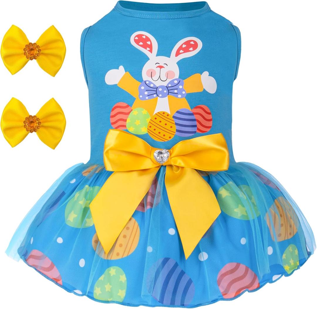 cyeollo Dog Easter Dress, Cute Doggie Easter Outfit, Breathable Bunny Egg Print Dog Clothes, Comfy Doggie Tulle Skirt, Pullover Holiday Pet Apparel with Bowtie for Dogs Girl, Blue L