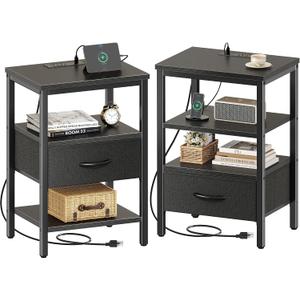 SUPERJARE Nightstand Set of 2, Bed Side Tables with Charging Station, Adjustable Fabric Drawer, Night Stand for Bedroom, 3-Tier Storage End Tables, Black