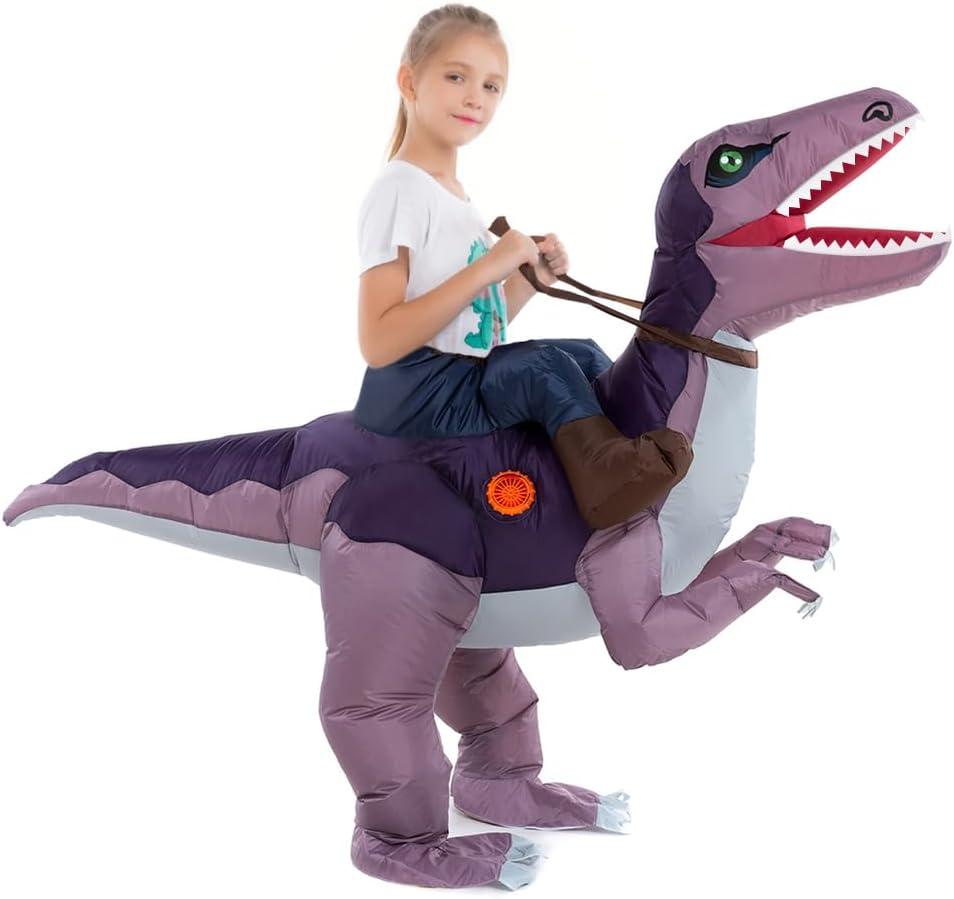 HSCTEK Child Inflatable Ride on Dinosaur Costume, T-rex, Velociraptor, Triceratops, Dilophosaurus, Pteranodon, Carnotaurus (Large)