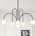 Modern Black Sputnik Chandelier 6-Light Mid Century Chandelier for Dining Room with Milky Glass Globe Ceiling Pendent Light Fixture for Living Room Kitchen Island Foyer Bedroom