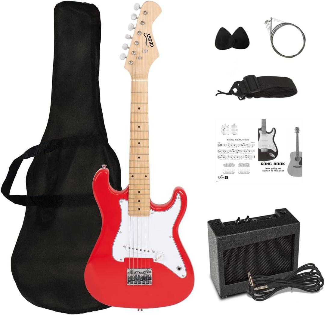 30 Inch Kids Electric Guitar Beginner Kit, Junior Size Mini Electric Guitar for Children with Amplifier (battery/adaptor not included) and Guitar bag, Unisex Red