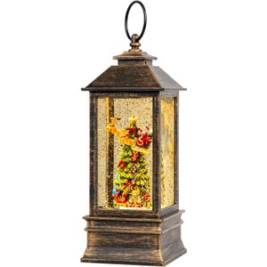 10'' Musical Snow Globe Lantern Lighted Christmas Tree and Flying Santa Water Lantern Swirling Glittering Home Decoration and Gift, Battery Operated or USB Powered