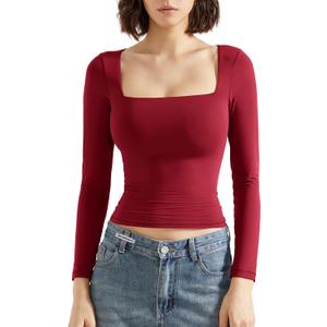 SUUKSESS Women Square Neck Long Sleeve Tops Double Lined Going Out T Shirts (Large, 07 Wine)