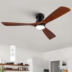 52-Inch Ceiling Fan with Lights, Remote Control, Flush Mount, Dimmable, Reversible, Wood Blades, Power-Off Memory, Quiet DC Motor  Modern Hugger Ceiling Fan for Living Room, Bedroom, Patio (Walnut)