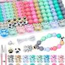 124PCS FIVEIZERO Silicone Focal Beads for Keychain Making, Animal Bear, 15mm Round 12mm Lentil & 10mm Rhinestone Beads for Pens, Bracelets & Crafts with Elastic Cord & Scissors