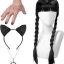 Halloween Black Braided Wig Accessories Include Pigtail Wig Creepy Hand, Necklace, and HeadbandGothic Halloween Cosplay for Women