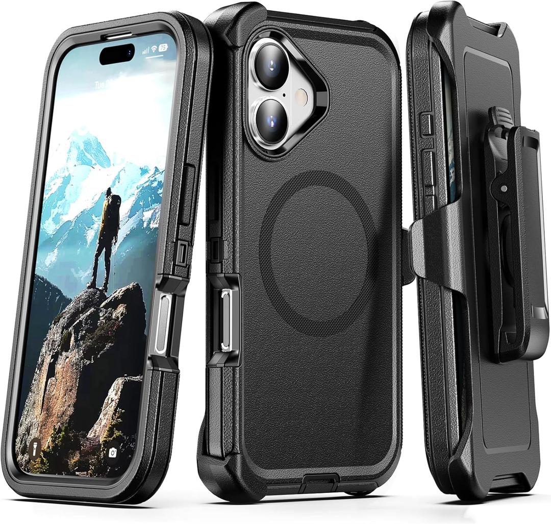 for iPhone 17 Case with Belt Clip Holster, Anti-Shock, Anti-Slip, Compatible with MagSafe, 3-Layer Drop Protection, Heavy Duty Magnetic Phone Case Cover 17 6.3", Black