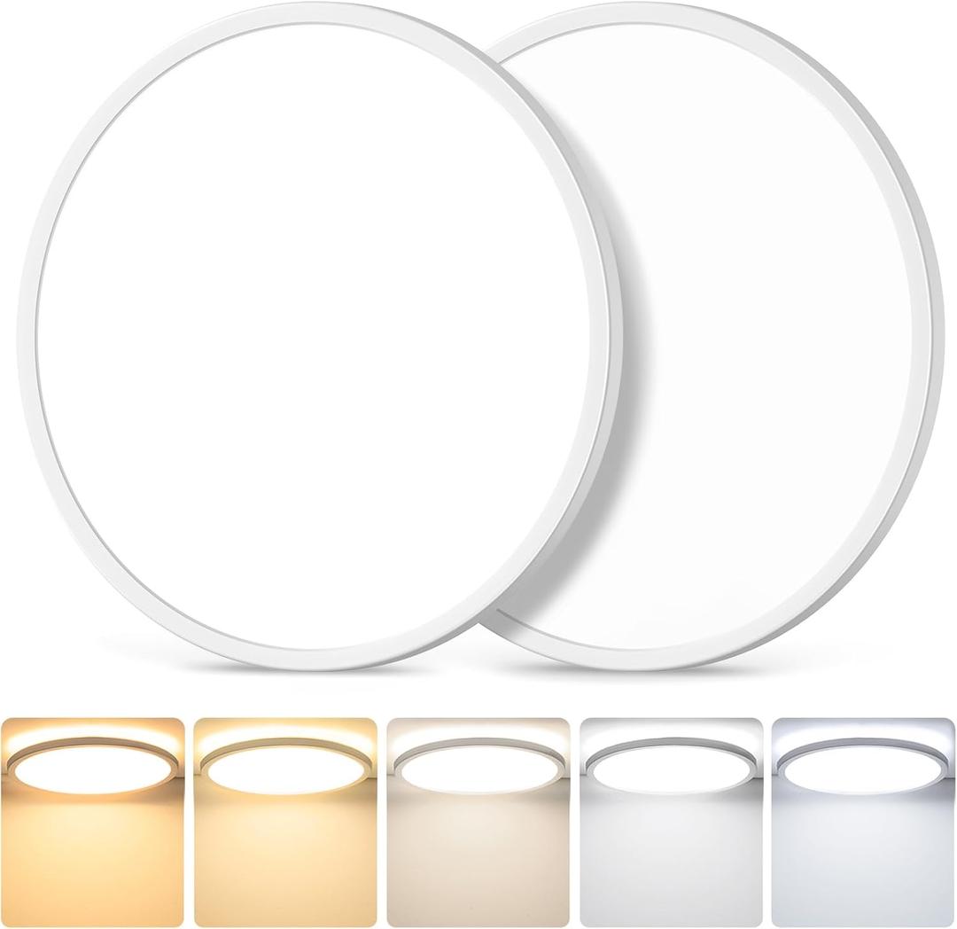 12 Inch 3200LM Dimmable LED Flush Mount Ceiling Lights, 2-Pack 24W Ceiling Light Fixtures, 2700K/3000K/4000K/5000K/6500K 5 Color in One, Ultra Thin White Round Lamps for Kitchen, Bedroom, Hallway