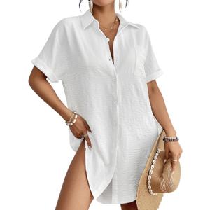 Bsubseach Women Swimsuit Coverup Shirt Dress Button Down Bathing Suit Cover Up Beach Vacation Outfits (White, S)
