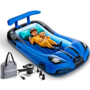 CHERIMOR Inflatable Toddler Travel Bed with Safety Bumpers & 2 Mins Auto Inflation Pump, Portable Toddler Kids Air Mattress with Carry Bag for Home Grandma's Sleepovers Travel Camping, 330lbs Support (Blue)