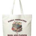 Women Book And Flower Canvas Tote Bag, Funny Gifts For Reading Lovers, Reusable Grocery Folding Shopping Tote, Aesthetic Shoulder Bag, Thanksgiving Christmas Gifts For Friends Colleagues -A11