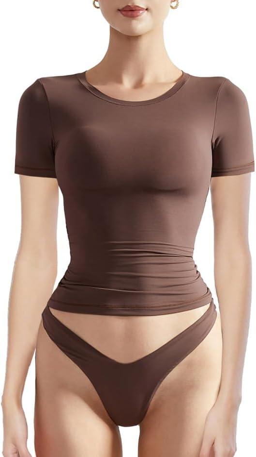 Women Basic Slim Fit Crop T Shirts Tops Short Sleeve Y2K Going Out Tops Tight Tee Summer Outfit (1# Brown,L)