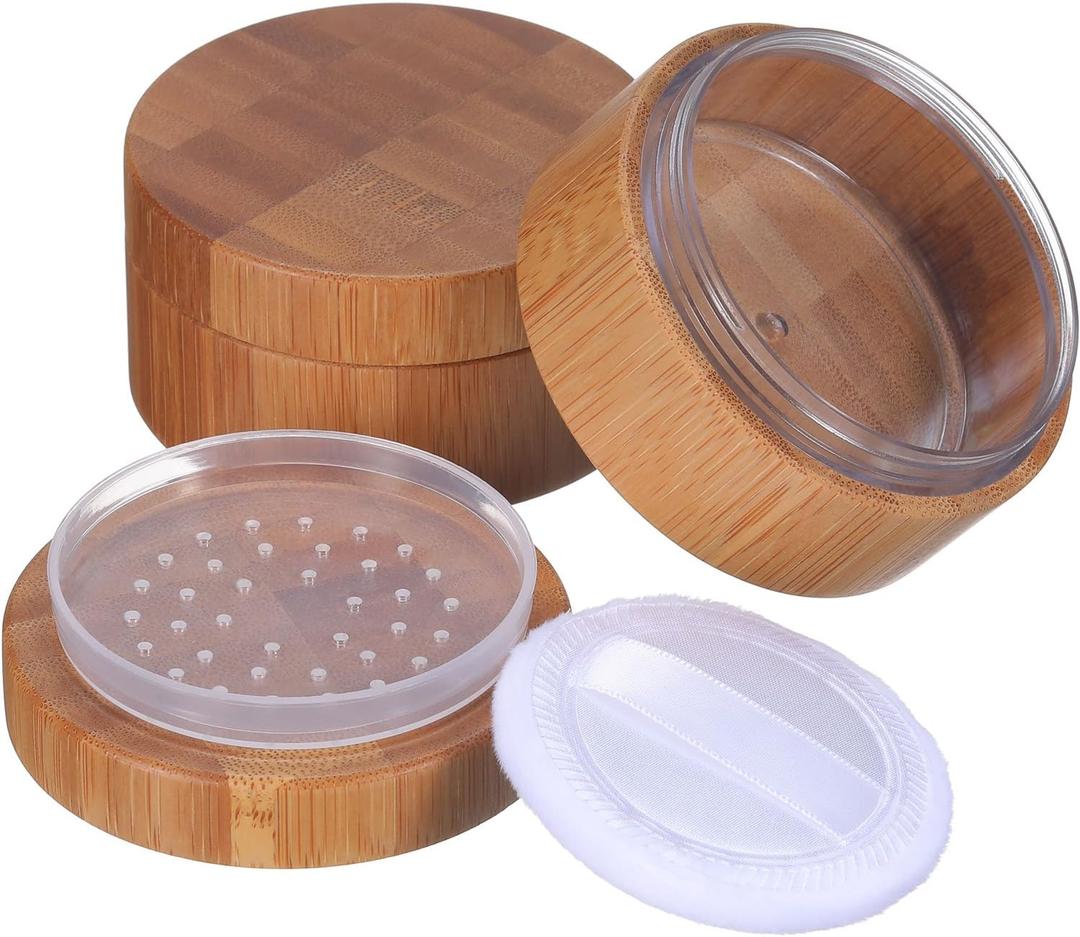 Frienda 2 Pack 30 ml Empty Loose Powder Container small Compact Case Refillable Bamboo Cosmetic Face Makeup Travel Loose Reusable Box Portable DIY Case Holder Supplies with Sifter Lids and Powder Puff