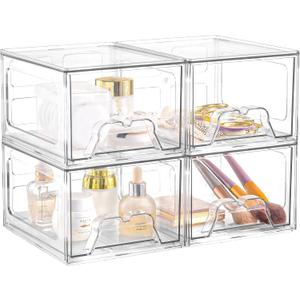 Plastic Drawers Storage, 4 Pack Clear Stackable Storage Drawers, Acrylic Storage Bins with Drawers for Fridge Organizers, Small PlasticDrawers Stackable for Makeup Organizers Cosmetic Display
