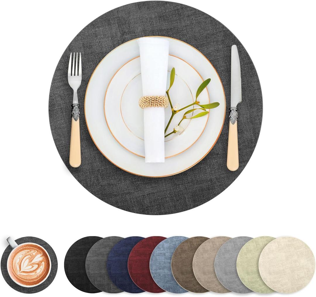 Round Faux Leather Placemats and Coasters, Set of 6, Reversible Heat Resistant Non-Slip Table Mats, Waterproof Wipeable Place Mats for Dining Table, Washable for Indoor & Outdoor (6, Dark Grey)