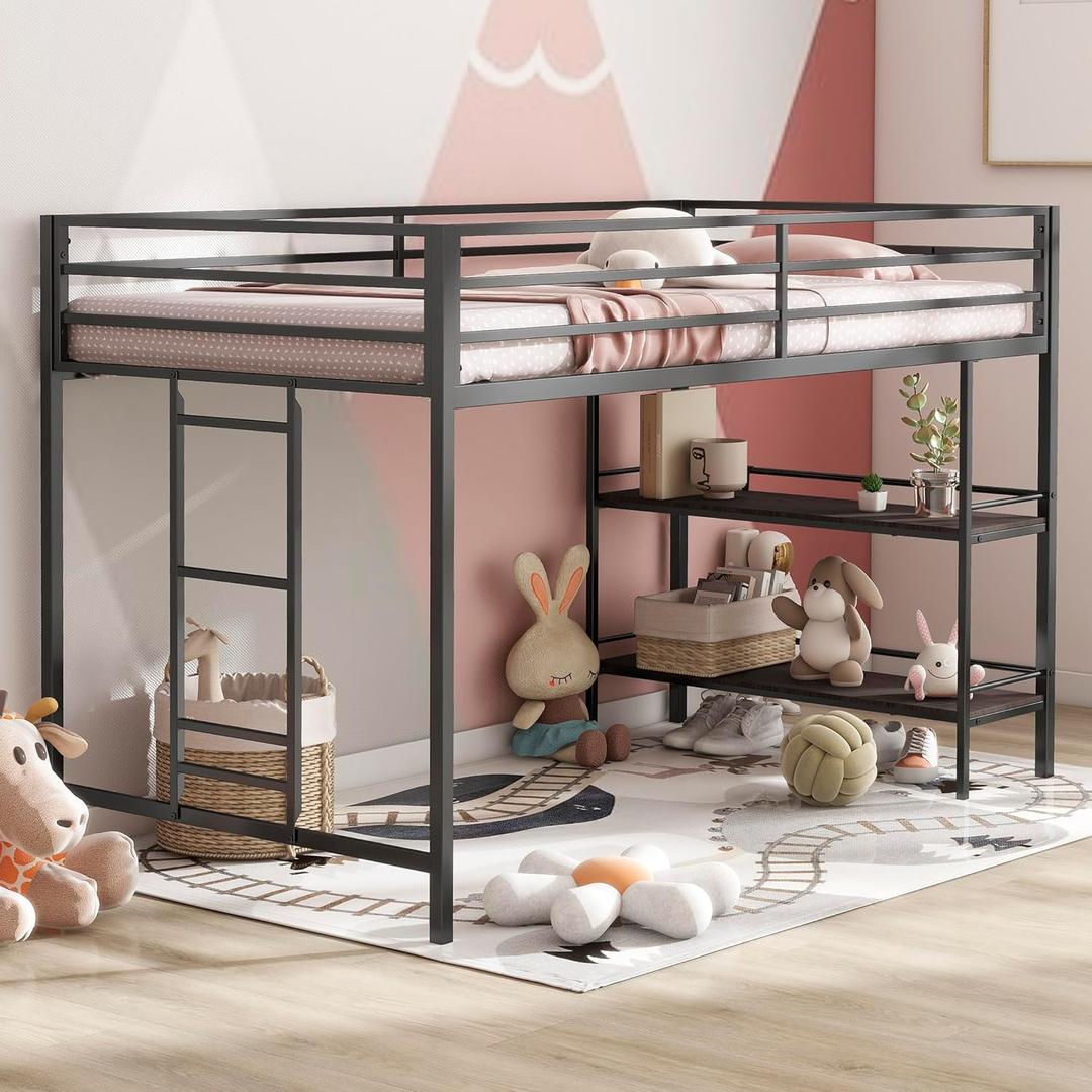 Twin Size Low Loft Bed with Storage Shelves for Kids,Kids Loft Bed Twin Size,Metal Loft Bed Frame for Boys Girls,Junior Low Loft Bed,Black