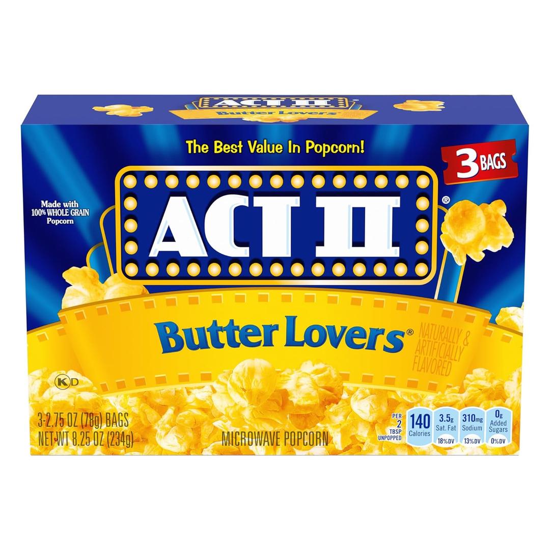 Act II Butter Lovers Microwave Popcorn, 2.75 oz., 3-Count Bags (8.25 Ounce (Pack of 1)) BBD: 05-03-26
