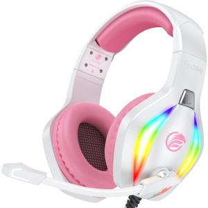 Fachixy FC100 Gaming Headset with Microphone for PS4, PS5, Switch, Xbox, Mac, PC Gaming Headphones with Mic, Gamer Headset with RGB Light - White-Pink