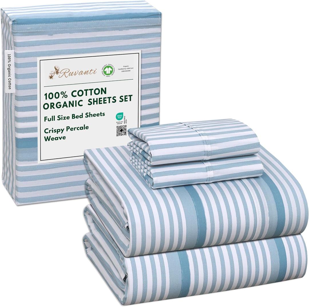 RUVANTI 100% Cotton Organic Percale Full Size Sheets, Nautical Stripes
4 Piece Full Sheet Set, 15" Deep Pocket, Soft Peach Finish, Crisp Cooling for Hot Sleeper, Breathable & Durable