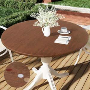 Smiry Round Picnic Tablecloth, Waterproof Elastic Fitted Table Covers for 45" - 56" Tables, Wipeable Flannel Backed Vinyl Tablecloths for Camping, Indoor, Outdoor, Brown