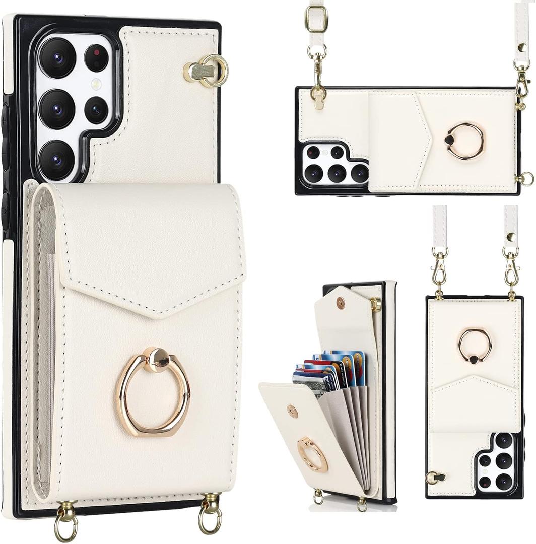 for Samsung Galaxy S22 Ultra Case 5G 6.8 inch, Minimalist Wallet Case with Ring Kickstand and Shoulder Strap, Shockproof Stylish Protective Cover for Galaxy S22 Ultra -White (Galaxy S22 Ultra, White)