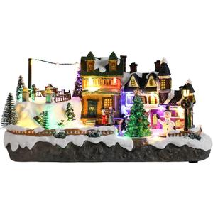 Vipush Christmas Village House Decorations Resin Village in Winter Home Decor Indoor Building Figurines Revolving Train with LED Light and 8 Christmas Music for Kids (Skating)
