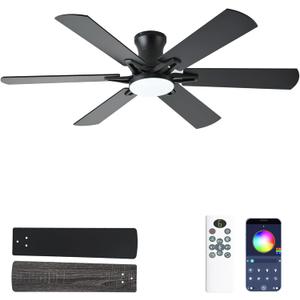 Ceiling Fans with Lights, 52 Inch Low Profile Ceiling Fan with Light and Remote, Flush Mount, Quiet, Reversible, 3CCT, Dimmable, Black RGB Ceiling Fan for Bedroom, Living Room, Indoor/Outdoor