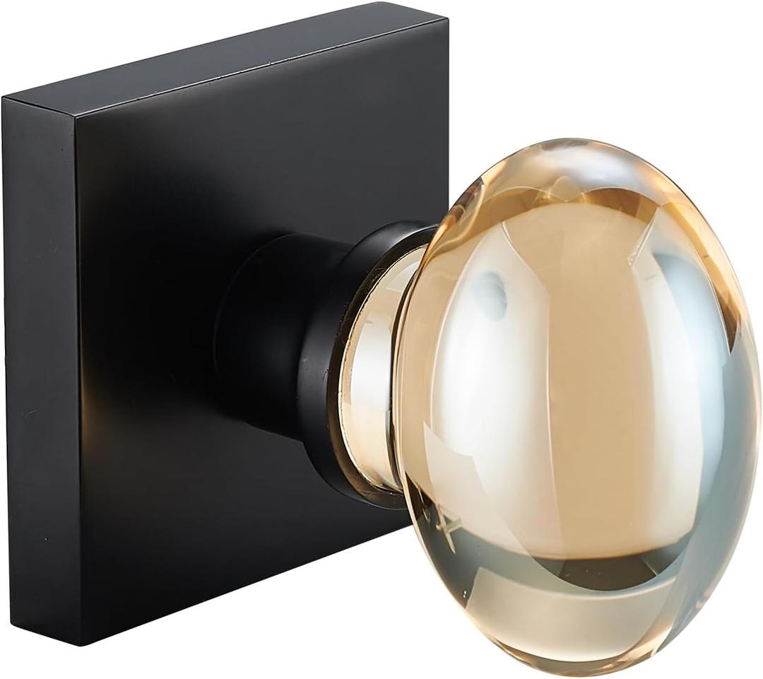 Champagne-Gold Oval-Glass Door Knobs - Interior Passage Premium Crystal Door Handles, Square Rosette Matte Black Finished(Passage)