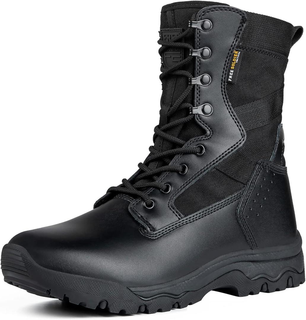 FREE SOLDIER Men's Tactical Boots 8 Inches Lightweight Combat Boots Durable Suede Leather Military Work Boot Desert Boot (Bright Black) 8.5