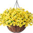 Artificial Fake Hanging Flowers Plants Baskets for Spring Outdoors Decor, Faux Silk Morning Glory in Planter UV Resistant Realistic Outside Flowers for Outdoor Porch Patio Balcony Yard Home, Yellow
