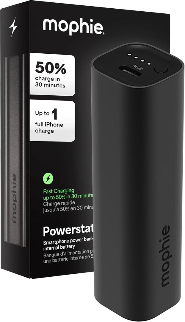 Mophie Powerstation Mini 5,000mAh Portable Power Bank (Gen 3)  Ultra-Fast USB-C PD, 20W Output, Up to One Full Phone Charge, Pocket-Sized, LED Indicator, Includes USB-C Cable, Black