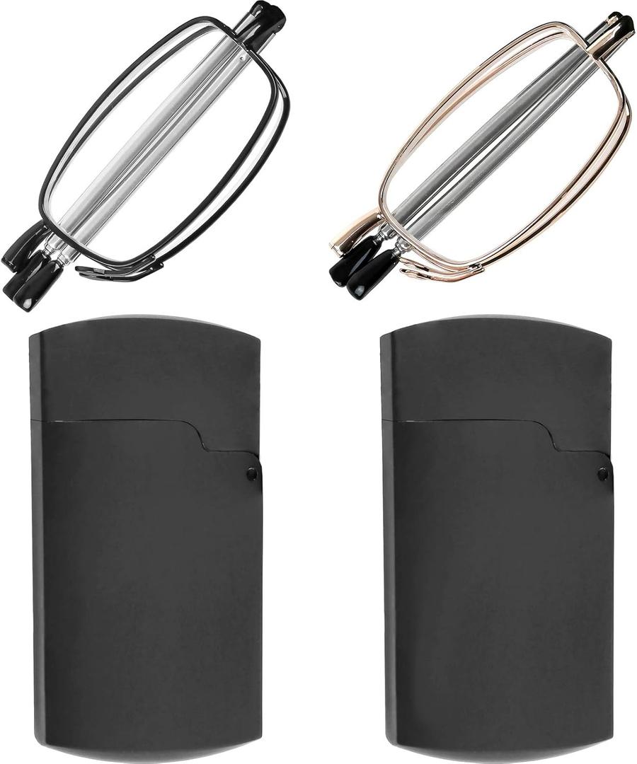Success Eyewear Reading Glasses 2 Pair Black and Gunmetal Readers Compact Folding Unisex Glasses for Reading Case Included (Bundle: Set of Black and Gold With 2 Black Cases)