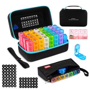 BEFUNZL Monthly Pill Organizer, Medicine Organizer Box with Portable Hard Shell and Pill Cutter, 31 Day Pill Holder with Weekly Pill Bag (Blue, 4 Times a Day)