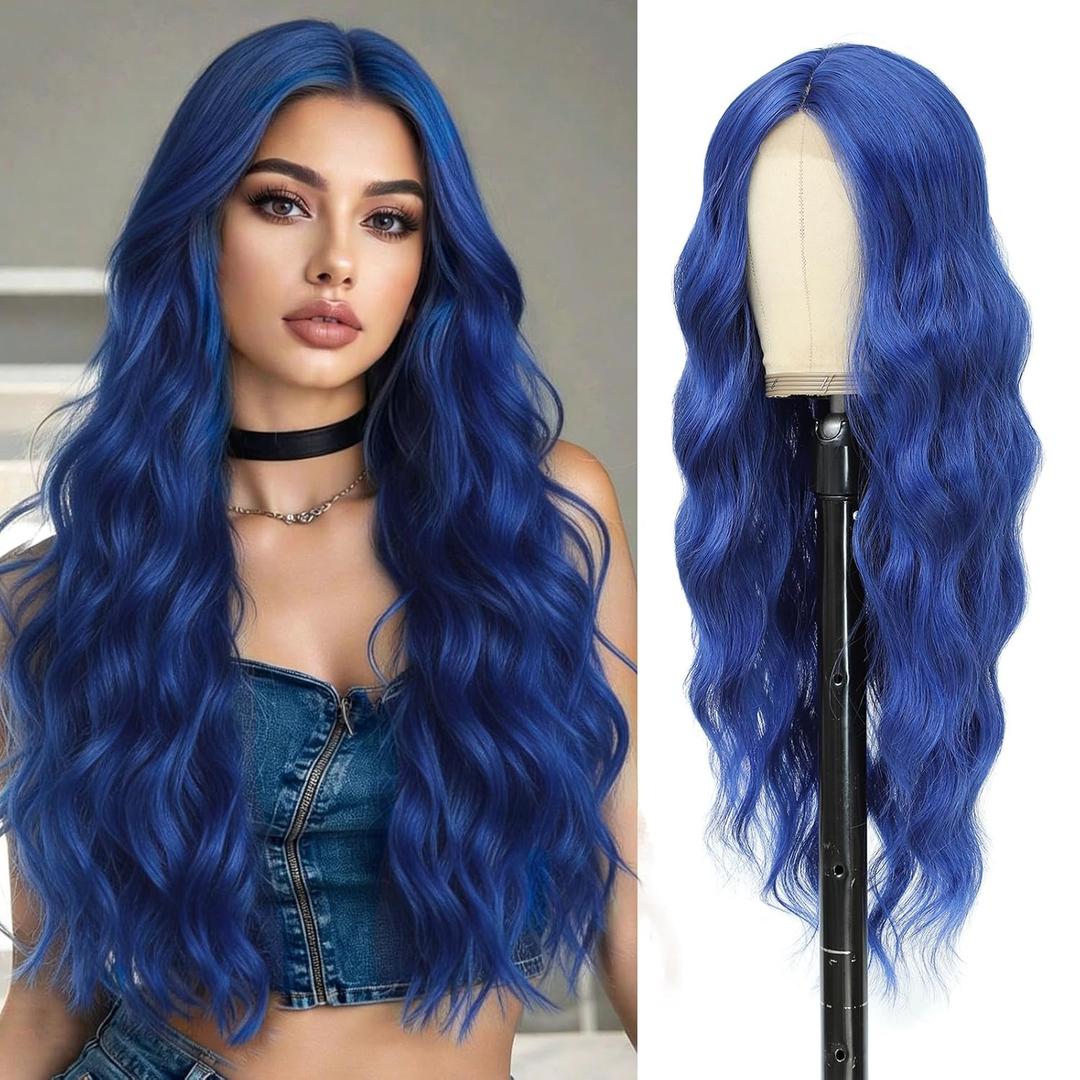 Dark Blue Wig 26 Inch Long Wavy Wig for Women - Heat Resistant Synthetic Hair Middle Part Curly Wig Natural Look for Daily Party Cosplay Costume Use