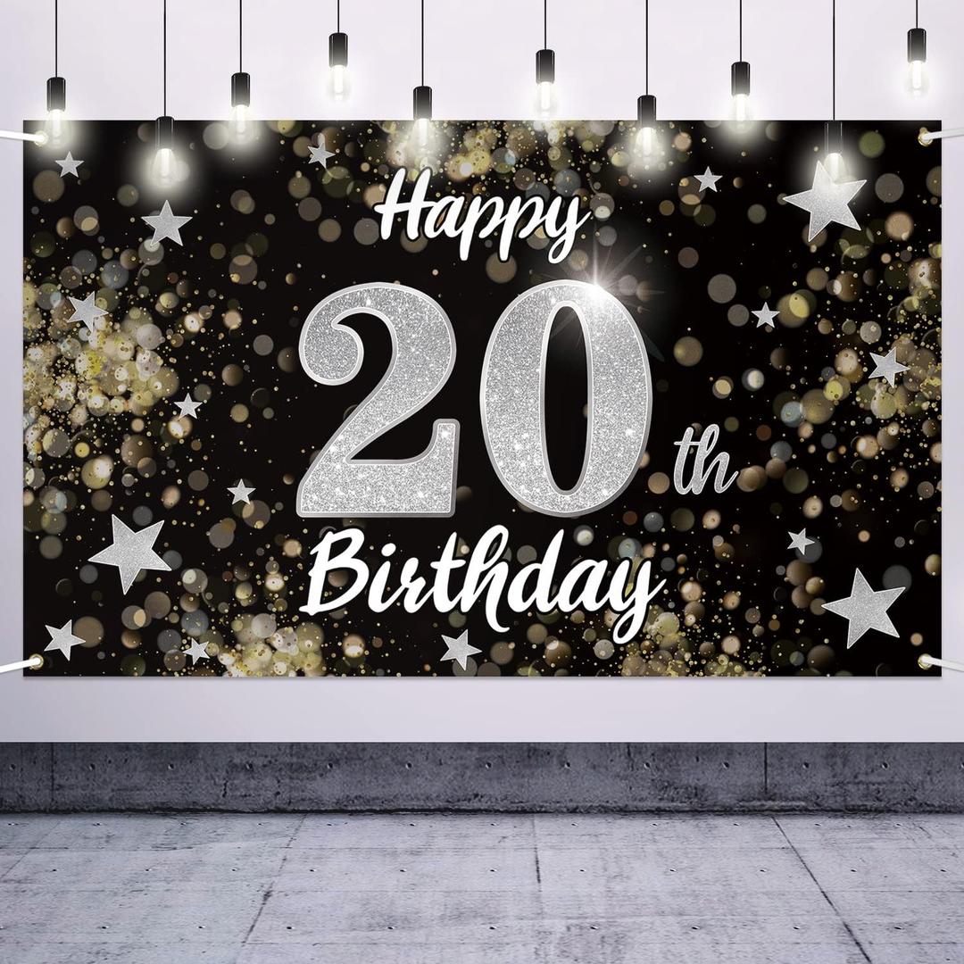 Happy 20th Birthday Decorations,20th Black & Silver Dream Star Large Birthday Banner Backdrop Sign - Cheers to Twenty Years Old Bday Party Decoration.