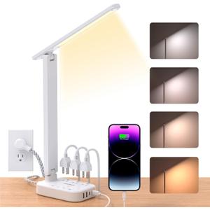 One Beat Small LED Desk Lamp Power Strip 5ft Extension Cord with 3 Outlets 4 USB Ports(2 USB C), 4 Modes, 5 Level Touch Lamp Study Reading Light, Home Office Bedroom College Dorm Room Essentials,White