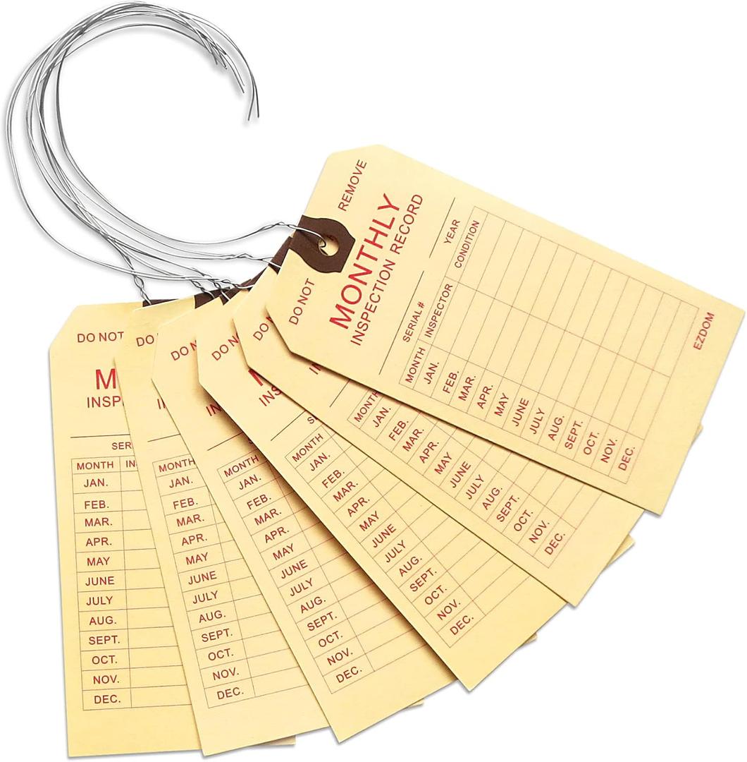 Fire Extinguisher Monthly Inspection Tags - 4 3/4" x 2 3/8" - Box of 100 Manila Service Tags with Wire Ties Attached for Indoor Only