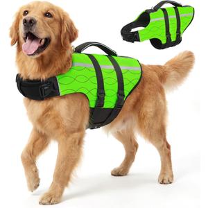 Queenmore Extra Large Dog Life Jacket for Swimming Boating,Adjustable Ripstop Dog Life Vest for Large Dogs,Dogs Lifesaver with Rescue Handle,Pet Swimming Vest for Big Pets(Green,XL)