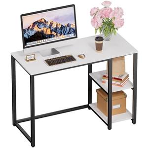 SINPAID Computer Desk 40 inches with 2-Tier Shelves Sturdy Home Office Desks with Large Storage Space Modern Gaming Desk Study Writing Laptop Table, Cream White