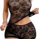 SweatyRocks Women's 2 Piece Lingerie Set Sheer Floral Lace Camisole and Low Rise Boyshorts Nightwear (Medium, Black)