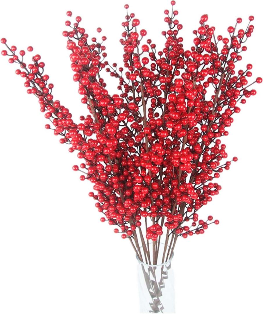 25 Inch Artificial Red Berry Stems Branches,Faux Berries Fake Flower for Christmas Year DIY Floral Art Plant Home Office Party Decoration,4 Pack