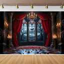 Halloween Photography Backdrop 8x6FT Halloween Vampire Medieval Castle Photography Background Gothic Window Red Curtain Bats Backdrops Haunted House Party Decor Photo Props