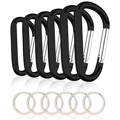 CampTek 6PCS Black Carabiner Caribeaner Clip,3" Large Aluminum D Ring Shape Carabeaner with 6PCS Keyring Keychain Hook