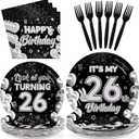 96Pcs 26th Birthday Decorations Black Silver 26th Birthday Party Plates Disposable Look at You Turning 26 Paper Tableware Set for Happy 26 Year Old Graduation Party Supplies Serves 24