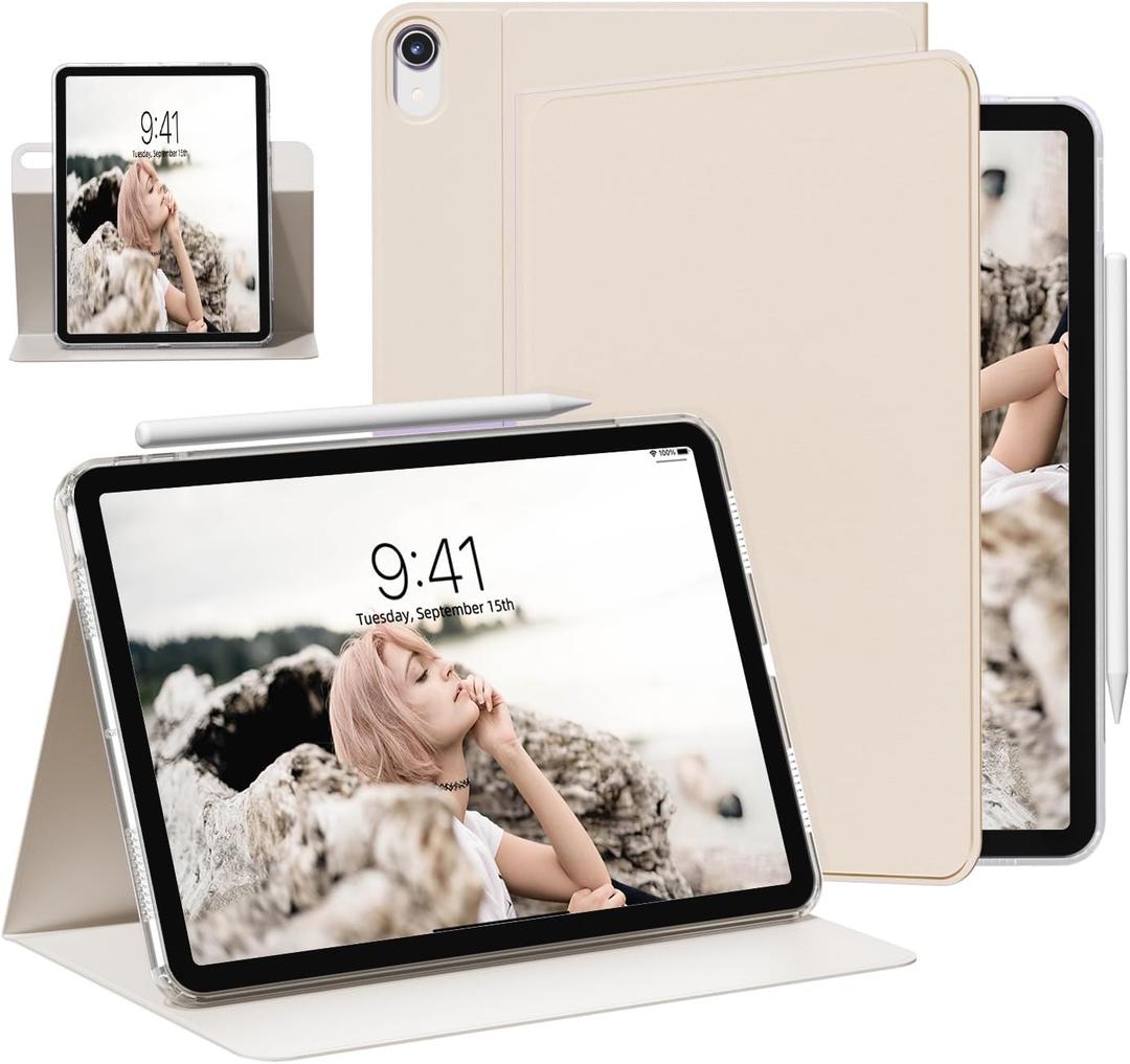 Folio Case for iPad Air 11 inch M2/M3 (2024/2025), iPad Air 5th/4th Generation (2022/2020) 10.9 Inch with Detachable Clear Back Shell, 2nd Gen Pencil Charging, Auto Sleep/Wake (White Cream)