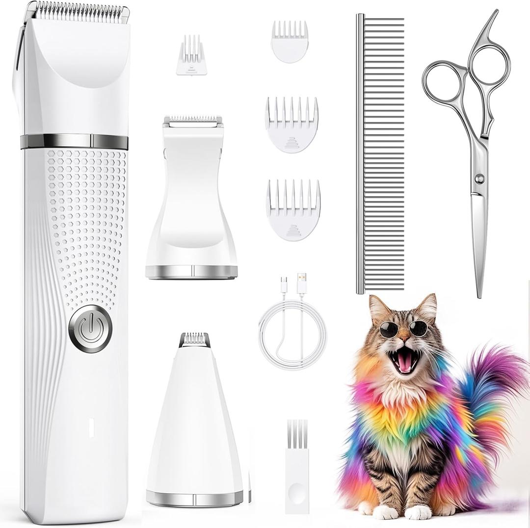 Cat Grooming Clippers Kit with Paw Trimmer, 3 in 1 Electric Pet Hair Trimmer Supplies for Thick Matted Hair, Heavy Coat Butt Shaver Cat Razor Fur Trimmer for Dogs at Home (White)