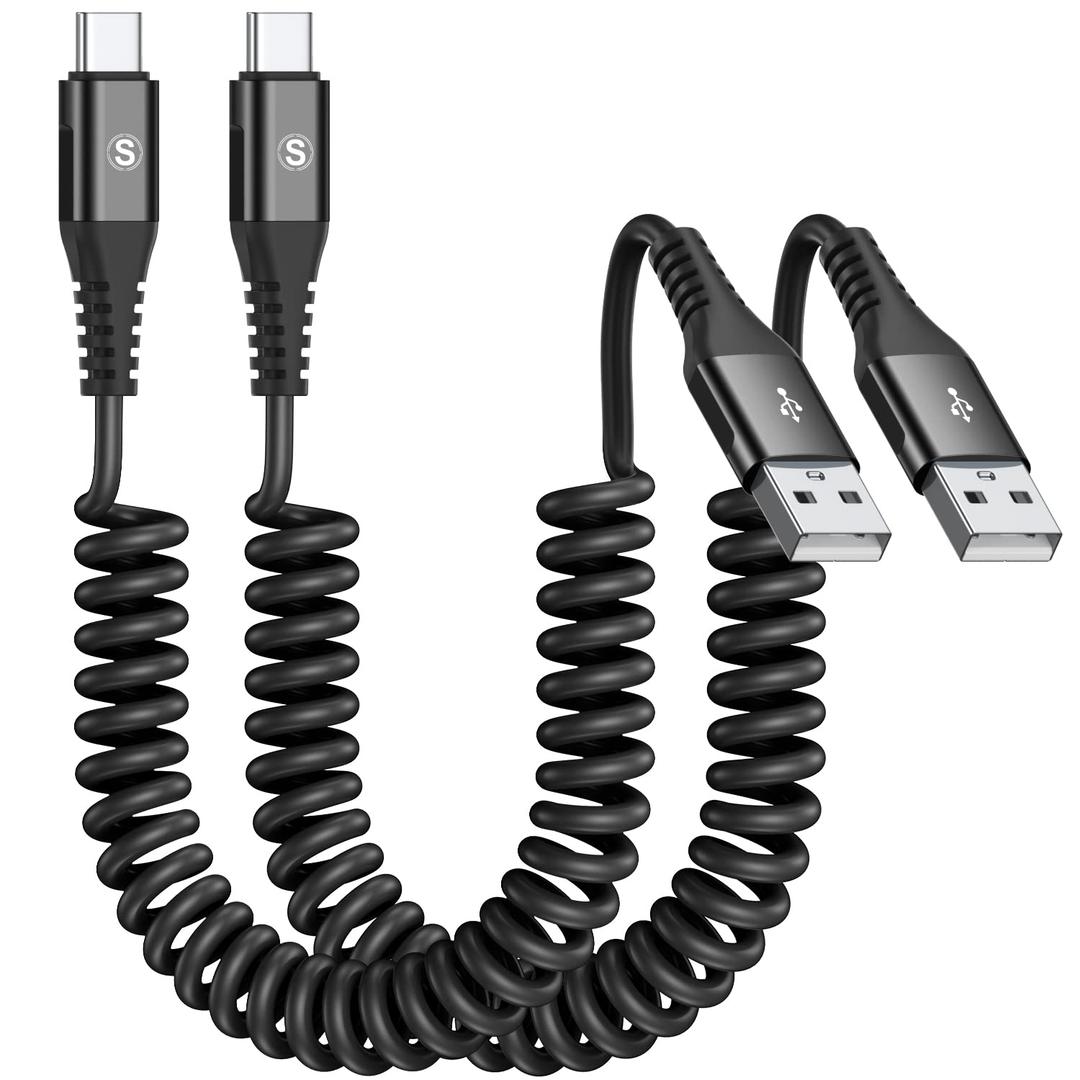 Coiled USB C Cable 2pack 10ft, USB A to USB C Cable for Car, Fast Charger Cord for iPhone 17 16 15 Pro Max Plus iPhone Air Samsung Galaxy S25 S24 S23 S22 S21 Note 20 10 Flip A54 A15 A14 Pixel LG Moto