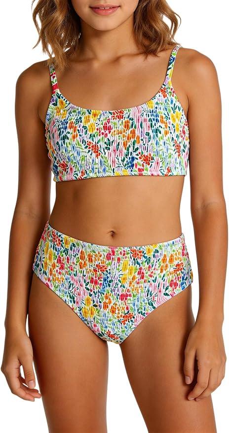 MAKEMECHIC Girl's Ditsy Floral Print 2 Piece Bikini Set Scoop Neck Ruched Triangle Beach Bathing Suit, Size: 15 Years