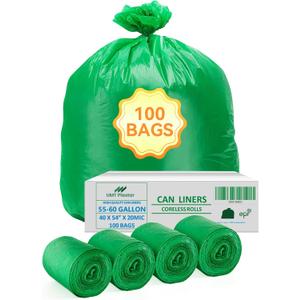 100 Count 100% Biodegradable and Compostable Trash Bags, 55-60 Gallon, 20 Microns, 40x54 Inches, Green Eco-Friendly Bags