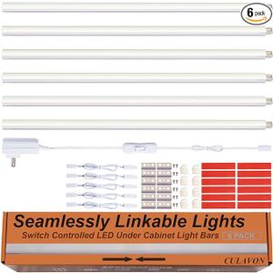 Under Cabinet Lights, Plug in, Seamlessly Linkable 12 Inch, 6 Bars+Switch+Extensions, Under Counter Lighting for Kitchen, Closet, Gun Safe, Shelf, Display Case, LED 3000k Warm White